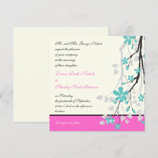 Magnolia bloemen turquoise, hete roze bruiloft kaart (Voorkant / Achterkant)