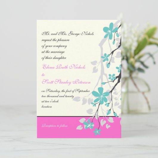 Magnolia bloemen turquoise, hete roze bruiloft kaart (Staand voorkant)