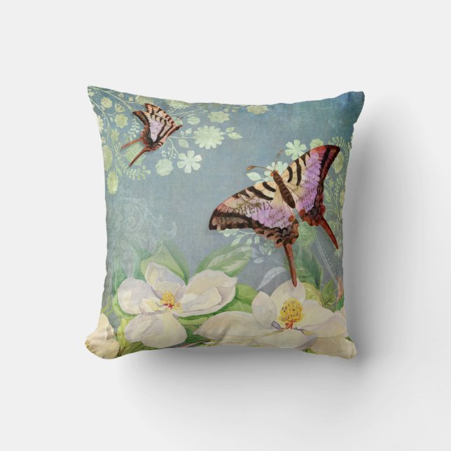 Magnolia Bloemen  Vlinder Blauw Waterverf Kussen (Voorkant)