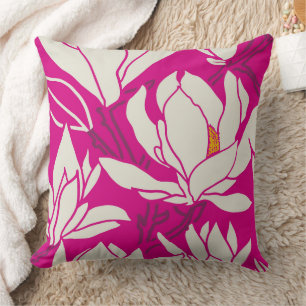 Magnolia bloempatroon in fuchsia kussen