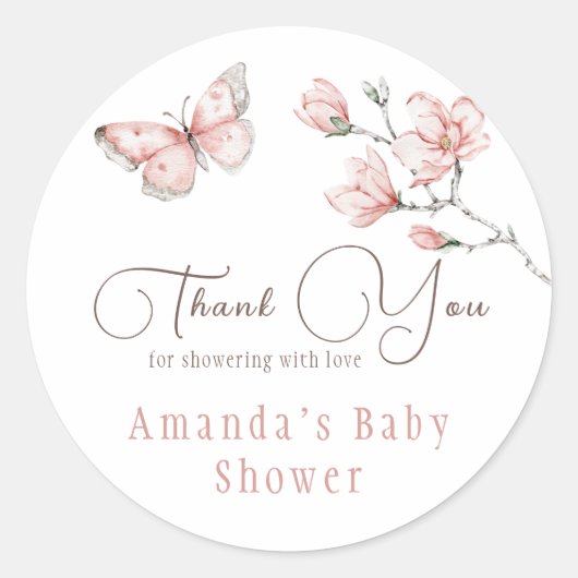 Magnolia Blush Pink Butterfly Baby shower Favor Ronde Sticker (Voorkant)
