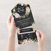 Magnolia Blush Pink Floral Wreath Black Wedding All In One Uitnodiging (Afscheurbaar)
