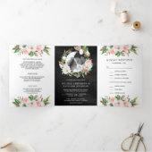 Magnolia Blush Pink Floral Wreath Black Wedding Drieluik Uitnodiging (Binnen)