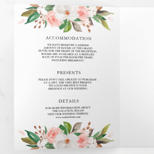 Magnolia Blush Pink Floral Wreath Black Wedding Drieluik Uitnodiging (Binnenzijde eerst)