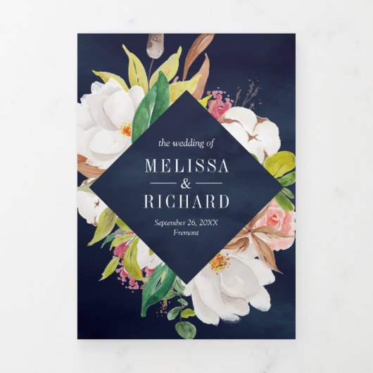 Magnolia Blush Pink Floral Wreath Navy Weddenschap Drieluik Uitnodiging (Cover)