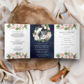 Magnolia Blush Pink Floral Wreath Navy Weddenschap Drieluik Uitnodiging