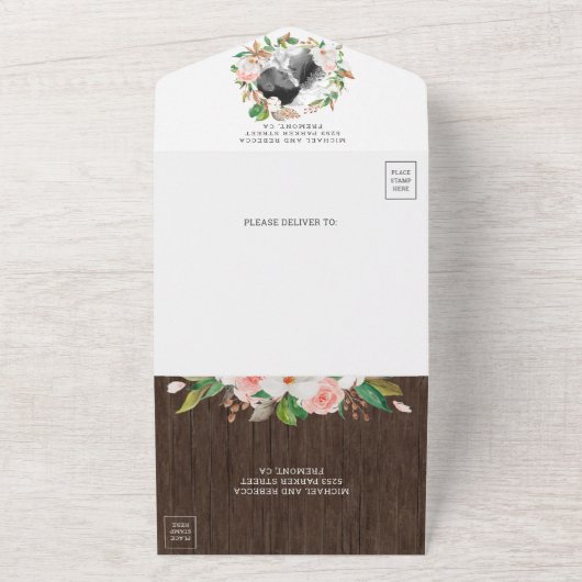 Magnolia Blush Pink Floral Wreath Wood Weddenschap All In One Uitnodiging (Buitenkant)