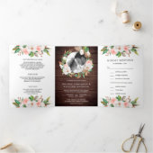 Magnolia Blush Pink Floral Wreath Wood Weddenschap Drieluik Uitnodiging (Binnen)