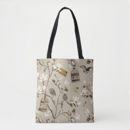 Magnolia boomgaard met uilen in ecru beige tote bag