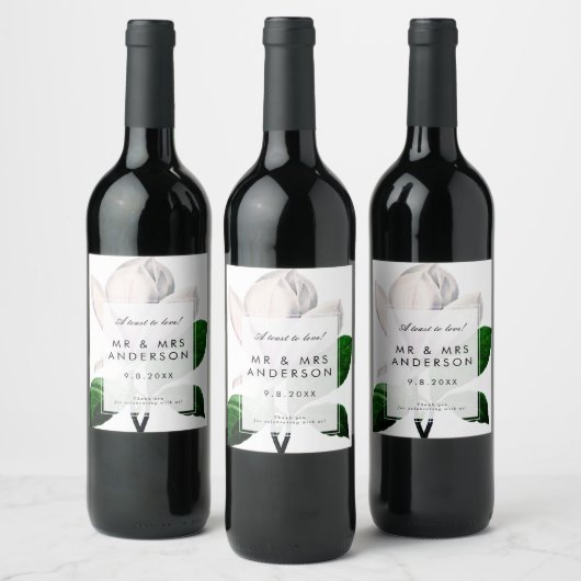 Magnolia Botanisch groen Bruiloft Feestfles Wijn Etiket (Flessen)