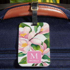 Magnolia Botanische Moderne Kunst Roze Monogram Bagagelabel