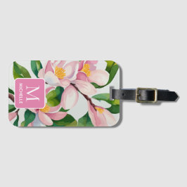 Magnolia Botanische Moderne Kunst Roze Monogram Bagagelabel