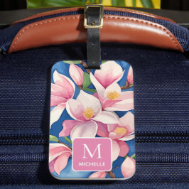 Magnolia botanische moderne kunst roze monogram bagagelabel