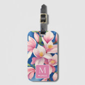 Magnolia Botanische Moderne Kunst Roze Monogram Bagagelabel (Voorkant (verticaal))