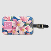 Magnolia Botanische Moderne Kunst Roze Monogram Bagagelabel (Voorkant (horizontaal))