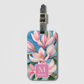Magnolia Botanische Moderne Kunst Roze Monogram Bagagelabel (Voorkant (verticaal))