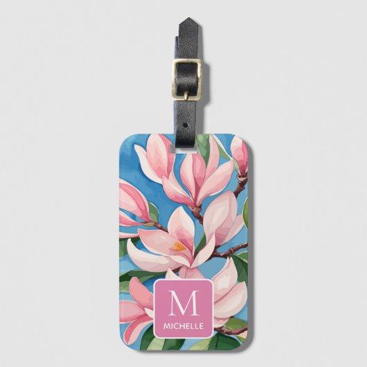 Magnolia Botanische Moderne Kunst Roze Monogram Bagagelabel (Voorkant (verticaal))