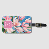 Magnolia Botanische Moderne Kunst Roze Monogram Bagagelabel (Voorkant (horizontaal))