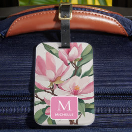 Magnolia Botanische Moderne Kunst Roze Monogram Bagagelabel