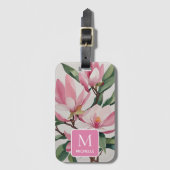 Magnolia Botanische Moderne Kunst Roze Monogram Bagagelabel (Voorkant (verticaal))