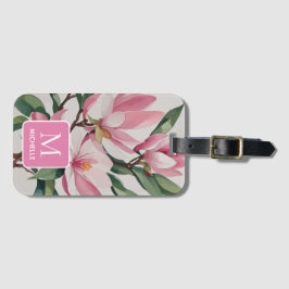 Magnolia Botanische Moderne Kunst Roze Monogram Bagagelabel