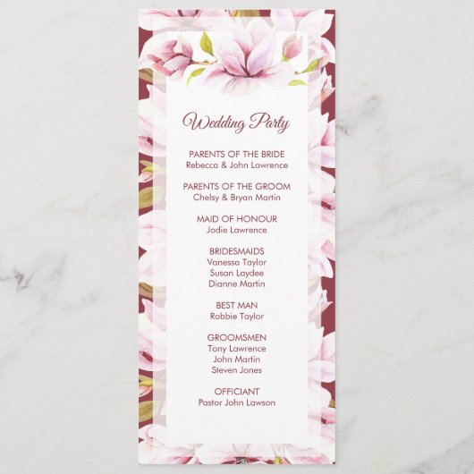 Magnolia Bourgondië Floral bruiloft ceremonie Programmakaart (Achterkant)