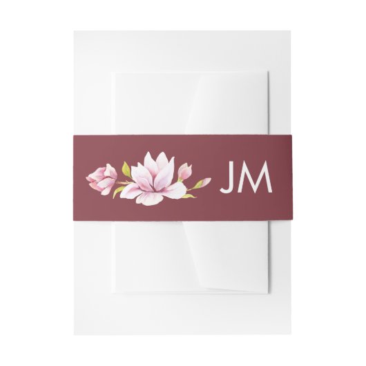 Magnolia Bourgondië Monogram Bloemen Bruiloft Uitnodigingen Wikkel (Voorkant Voorbeeld)