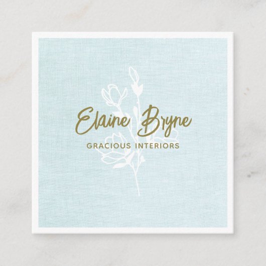 Magnolia Branch Floral Signature Script Blue Linen Vierkante Visitekaartje (Voorkant)