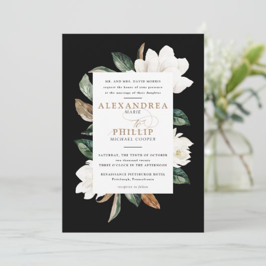 Magnolia bruiloft uitnodiging | Black (Staand voorkant)