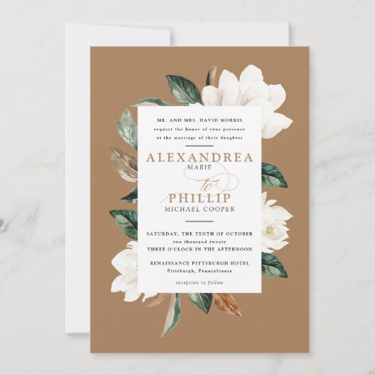 Magnolia bruiloft uitnodiging | Goud (Voorkant)