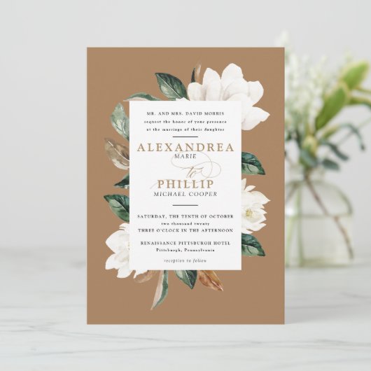Magnolia bruiloft uitnodiging | Goud (Staand voorkant)