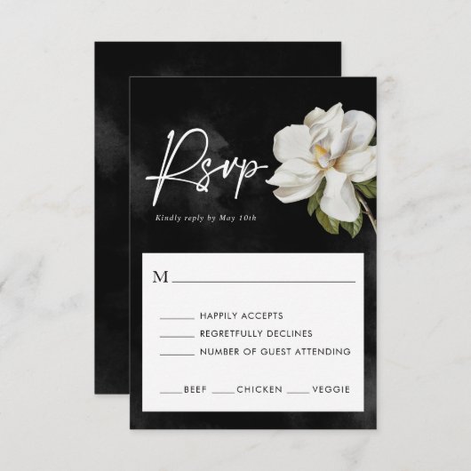 Magnolia bruiloft zwart-wit RSVP-kaart RSVP Kaartje (Voorkant / Achterkant)