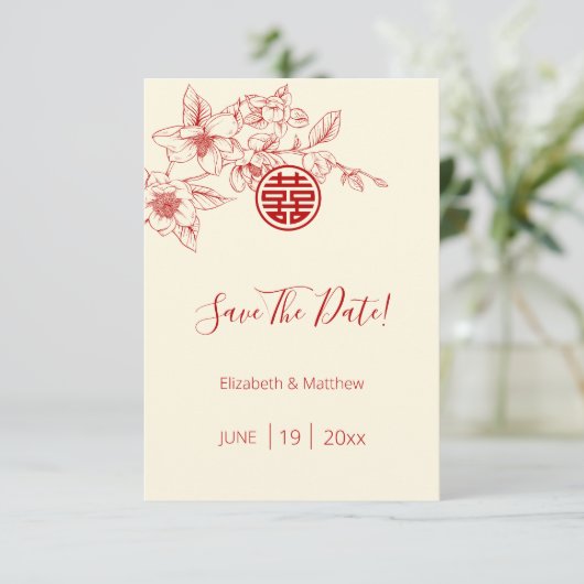 Magnolia Chinees Bruiloft Save The Date Kaart (Staand voorkant)