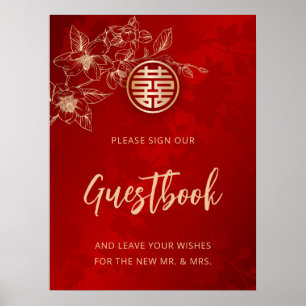 Magnolia Chinese Trouwboek Rood Bloem Guestbook Poster