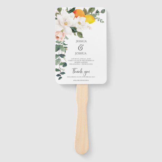 Magnolia Citrus huwelijksprogramma Fan bewerkbaar  Handwaaier (Voorkant)