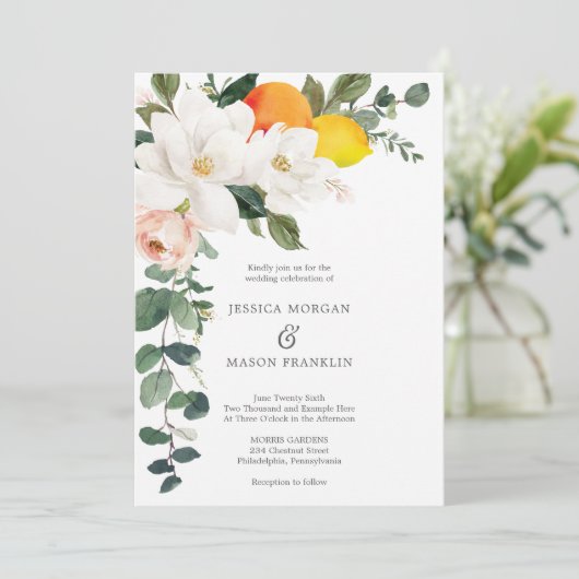 Magnolia Citrus Wedding Invitation Kaart (Staand voorkant)