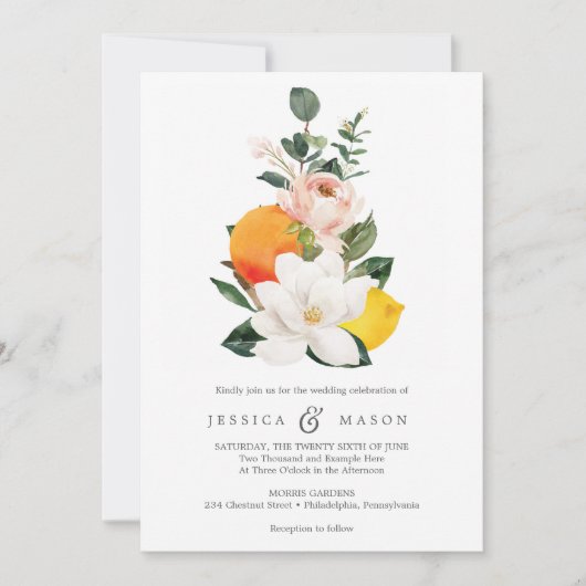 Magnolia Citrus Wedding Invitation Kaart (Voorkant)