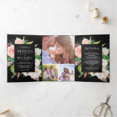 Magnolia Cotton Blush Pink Floral Black Wedding Drieluik Uitnodiging (Binnen)