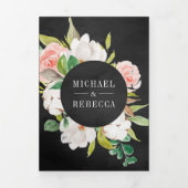 Magnolia Cotton Blush Pink Floral Black Wedding Drieluik Uitnodiging (Cover)