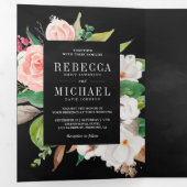 Magnolia Cotton Blush Pink Floral Black Wedding Drieluik Uitnodiging (Binnenzijde eerst)