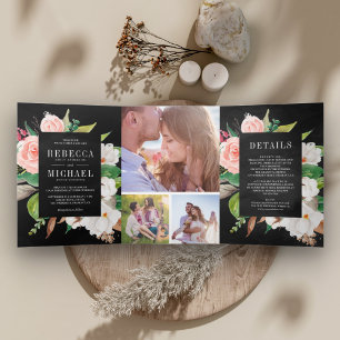 Magnolia Cotton Blush Pink Floral Black Wedding Drieluik Uitnodiging