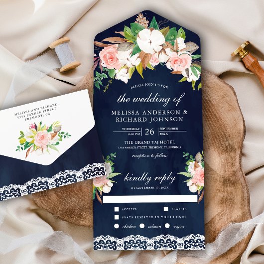 Magnolia Cotton Blush Pink Floral Navy Weddenschap All In One Uitnodiging