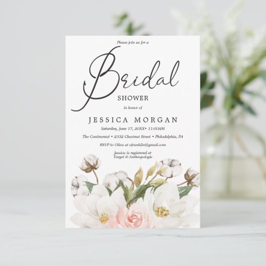 Magnolia Cotton Bruids Douche Uitnodiging Kaart (Staand voorkant)