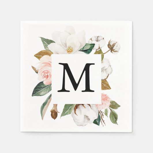 Magnolia Cotton Monogram Wedding Cocktail Napkin Servet (Voorkant)