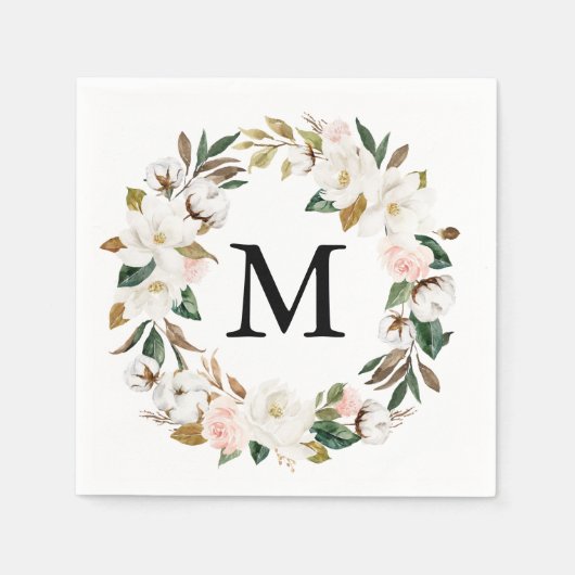 Magnolia Cotton Monogram Wedding Cocktail Napkin Servet (Voorkant)