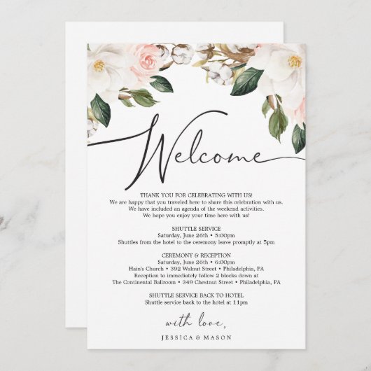 Magnolia Cotton Wedding Welkomstroutebrief Programmakaart (Voorkant / Achterkant)