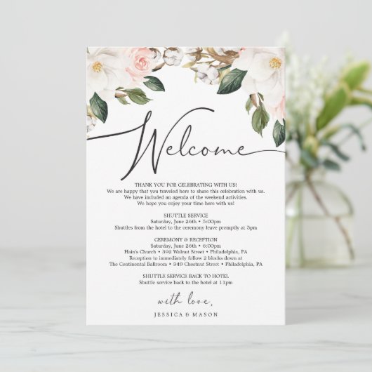Magnolia Cotton Wedding Welkomstroutebrief Programmakaart (Staand voorkant)