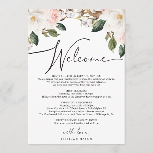 Magnolia Cotton Wedding Welkomstroutebrief Programmakaart (Voorkant)