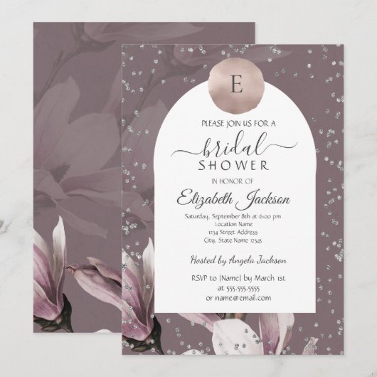 Magnolia Diamonds Monogram Bruidsdouche Kaart (Voorkant / Achterkant)
