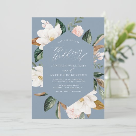 magnolia dusty blue bruiloft uitnodiging (Staand voorkant)